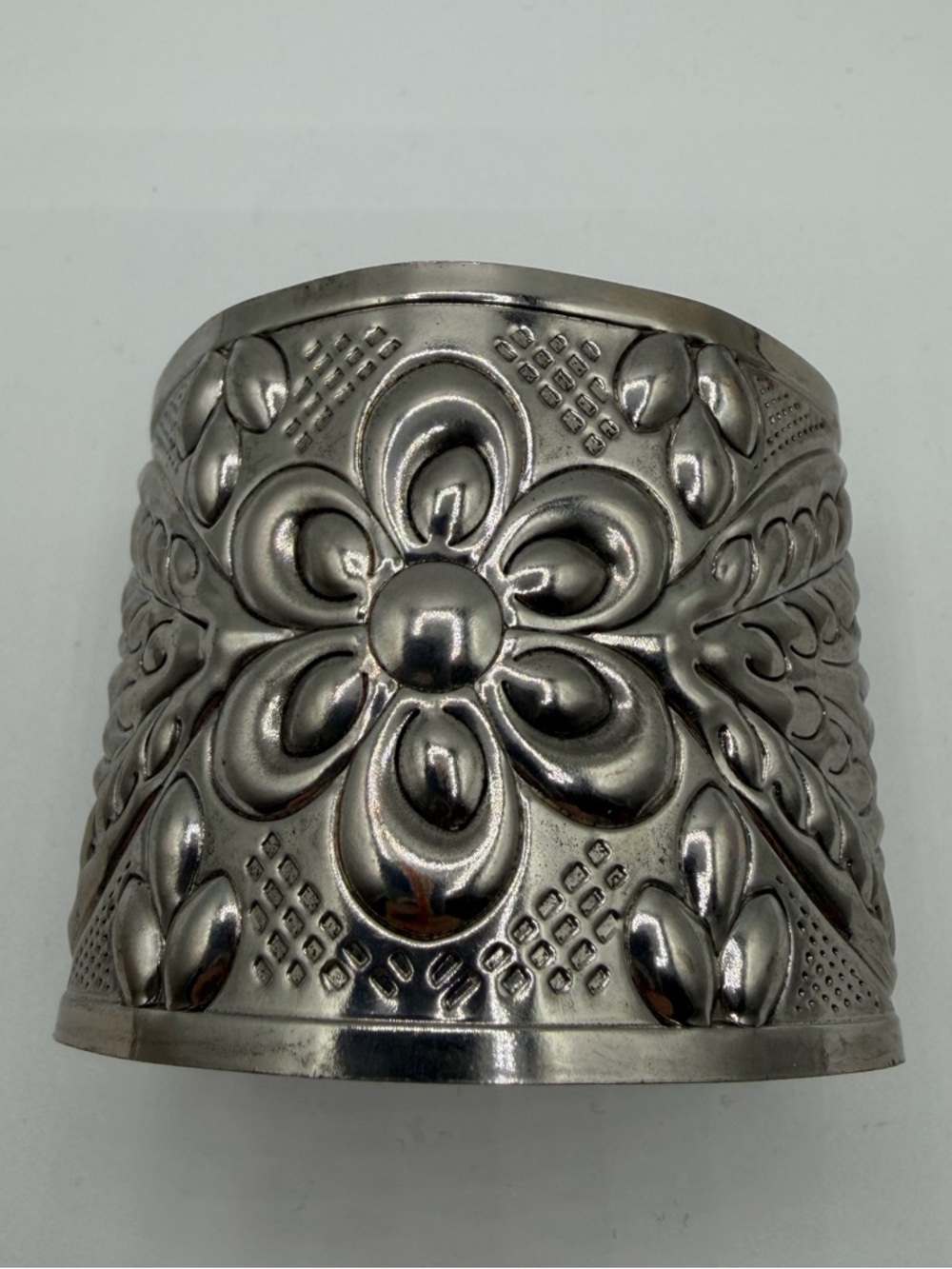 Vintage Silver Tone Floral Embossed Wide Cuff Bracelet Boho Statement 2